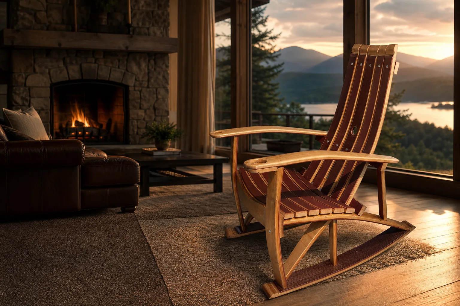 Carolina Barrel Co. five-stave rocking chair in a mountain lodge