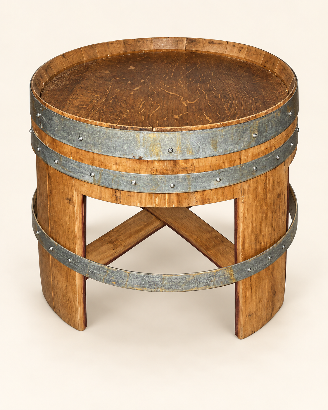 Round reclaimed wine-barrel end table with open cross-braced base